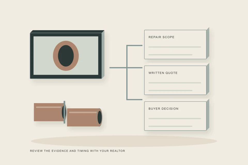 Conceptual illustration of defect footage branches into repair scope quote and buyer decision files