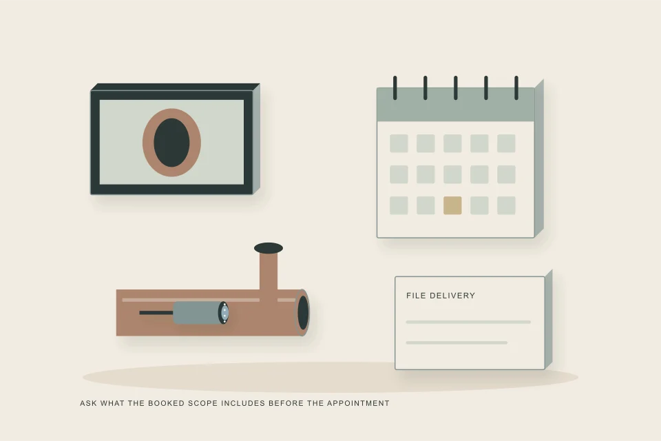 Conceptual illustration of booking evidence board with camera access deadline and file-delivery objects