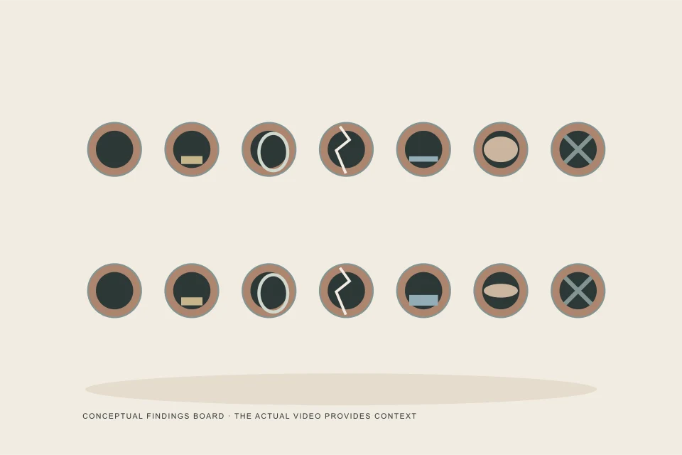 Conceptual illustration of fourteen distinct camera-view coupons of pipe condition and obstructions
