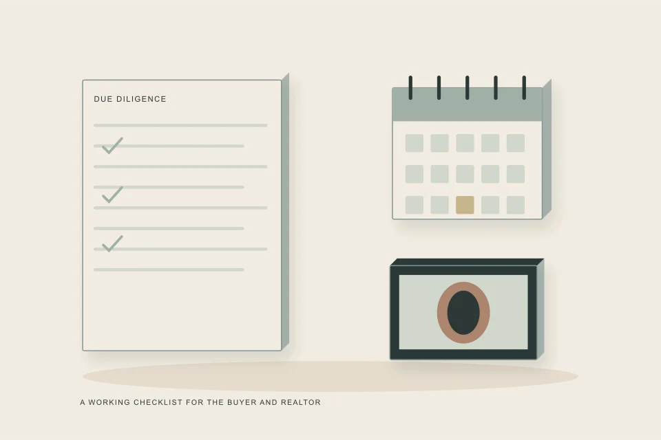 Conceptual illustration of buyer due-diligence checklist beside deadline blocks and inspection footage