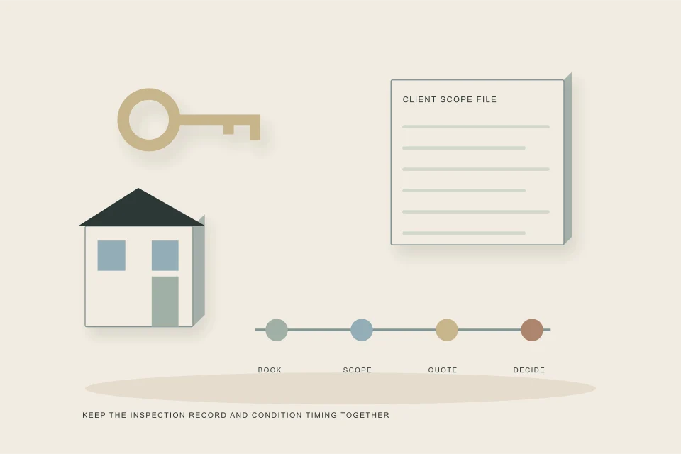Conceptual illustration of keys property evidence and a timeline shared by buyer and realtor