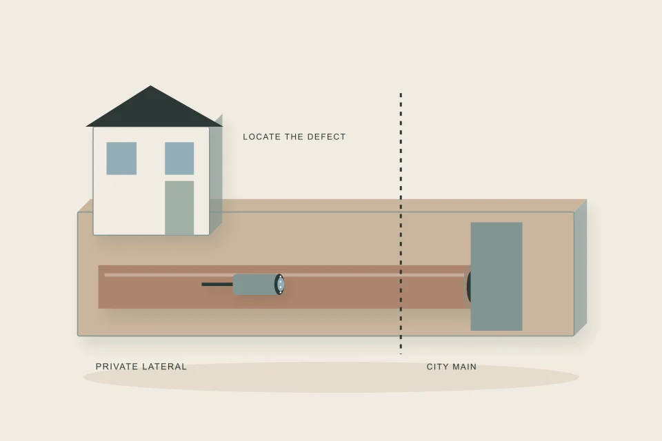 Conceptual illustration of street plan with a property boundary lateral tie-in and inspection evidence