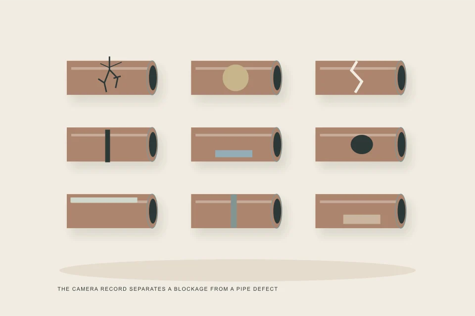 Conceptual illustration of nine pipe-condition coupons showing deposits roots offsets and damaged walls