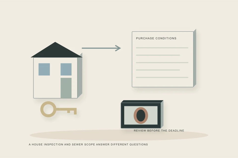 Conceptual illustration of home-purchase file camera evidence and a condition-period decision sequence