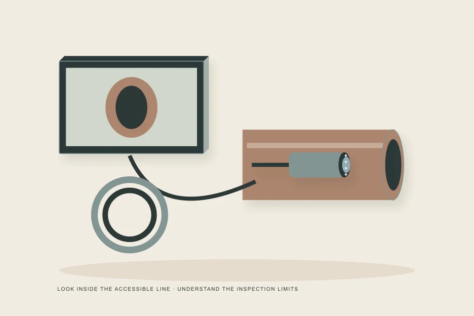Conceptual illustration of inspection camera reel cable and monitor showing the inside of a pipe