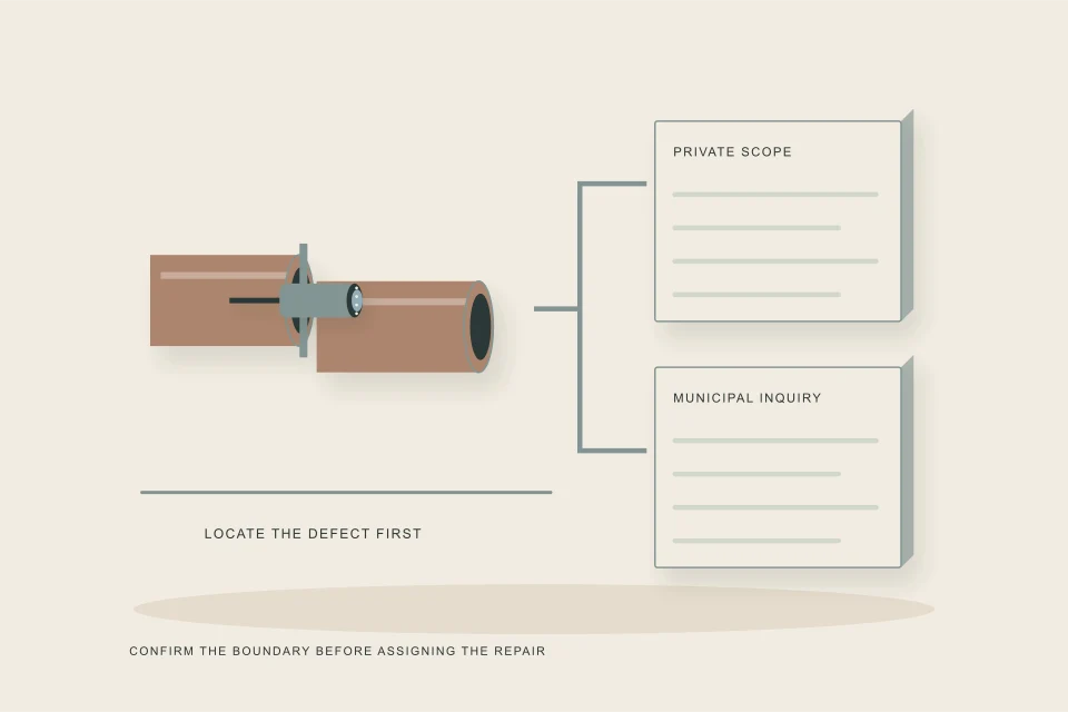 Conceptual illustration of located defect specimen connects to private repair scope and municipal inquiry files