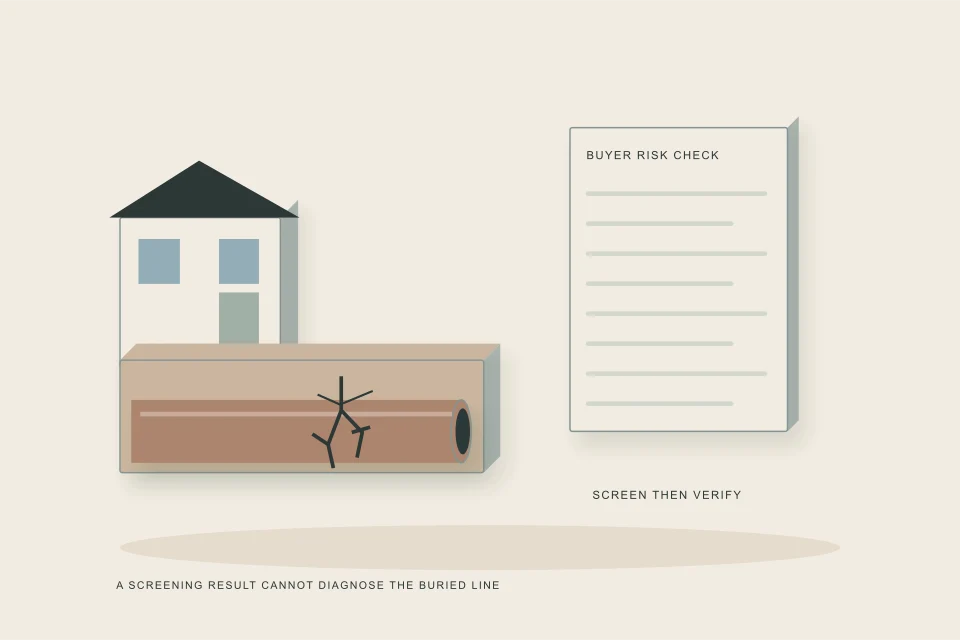 Conceptual illustration of older-house lateral tree roots and a pre-booking evidence screen