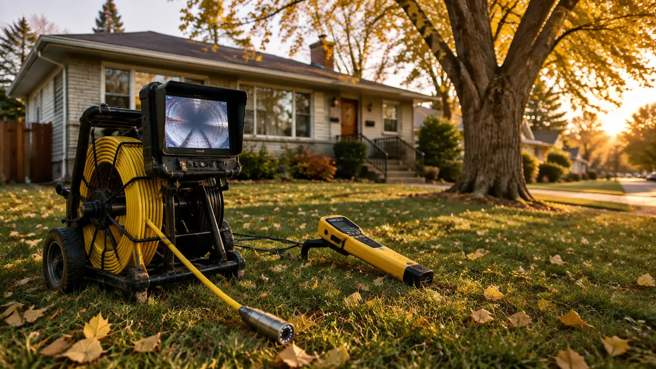 A sewer camera reel and monitor on a front lawn
