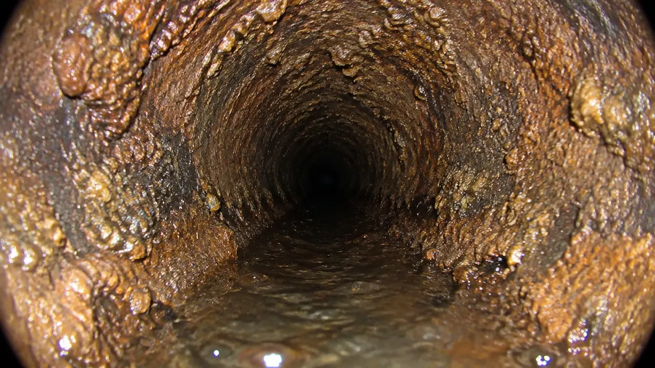 Sewer camera view of cast iron pipe crusted with rust scale
