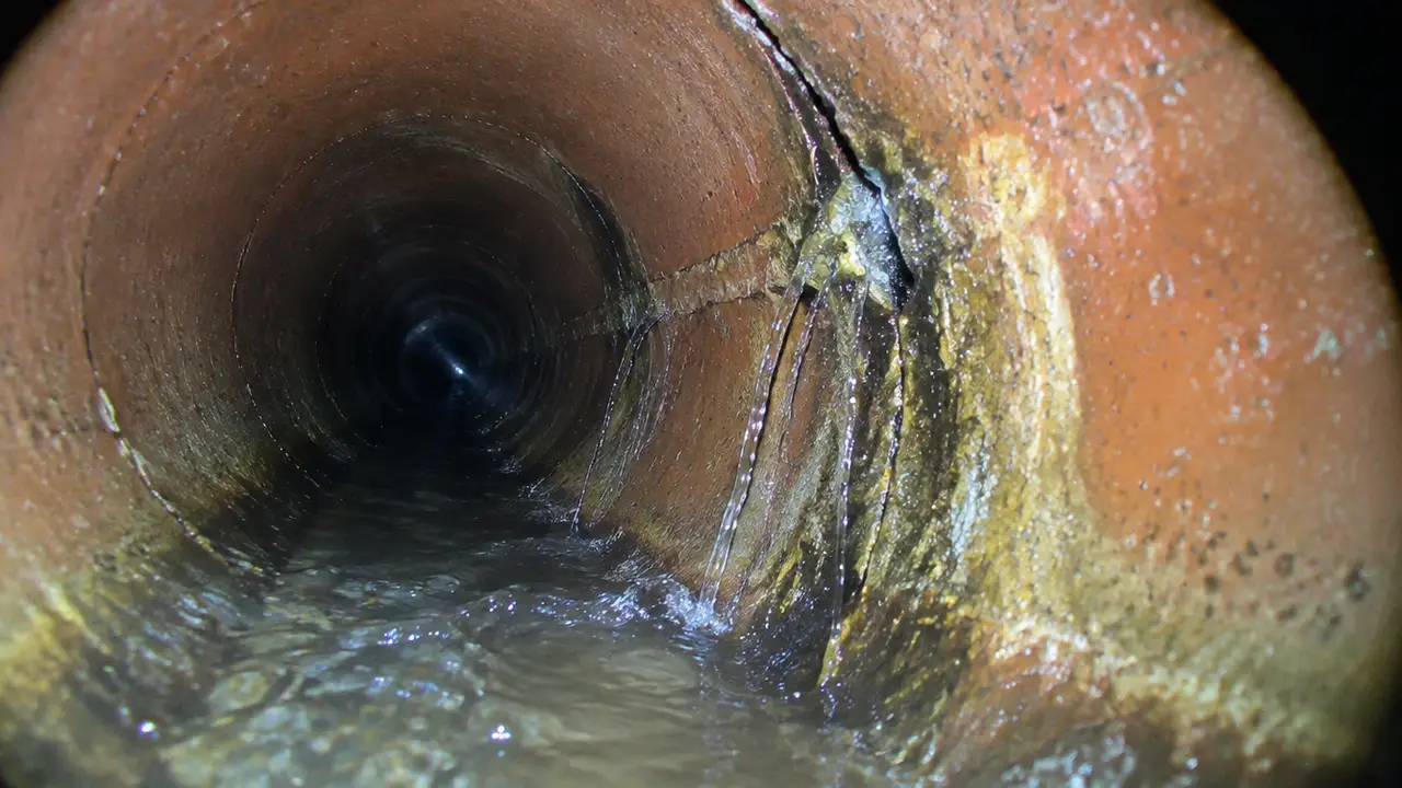 Sewer camera view of groundwater running into a pipe at a joint