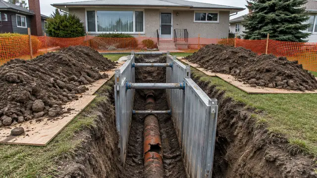 A shored trench exposing an old clay sewer pipe