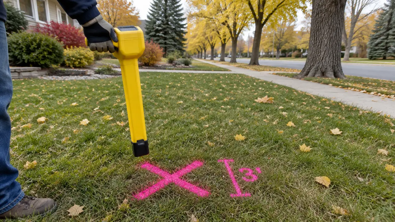A locator receiver held over a painted mark on a lawn