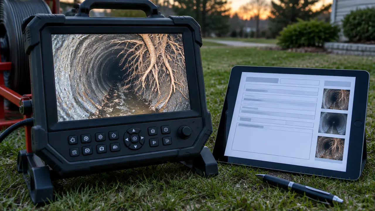 A camera monitor beside a tablet showing a report layout