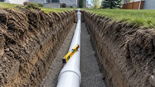 A new PVC sewer pipe on bedding in a trench