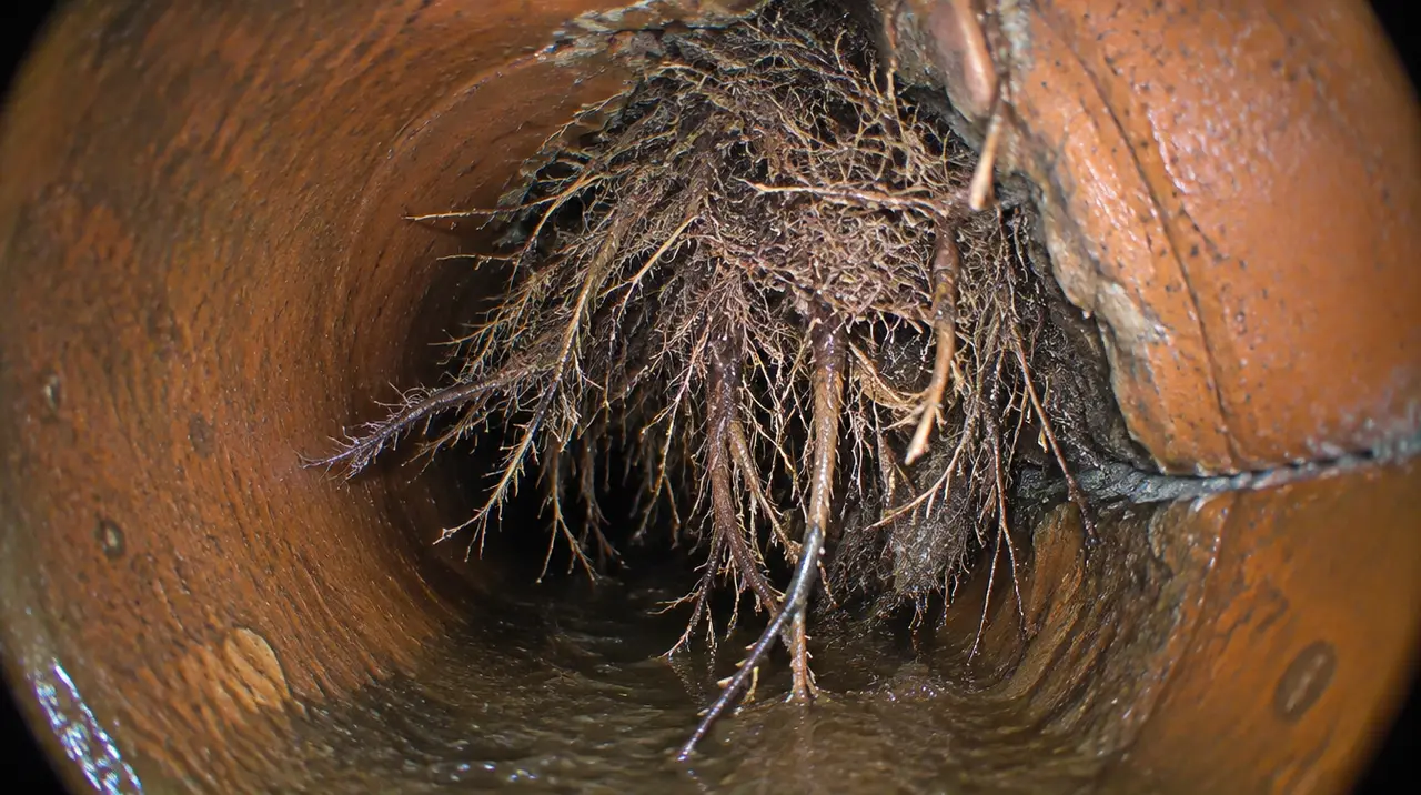 Camera view of tree roots growing through a clay pipe joint
