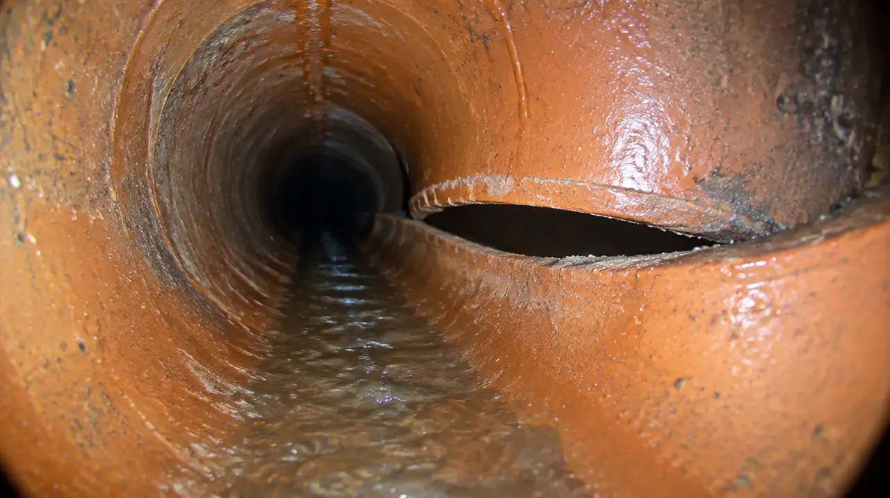 Camera view of an offset joint in a clay sewer pipe