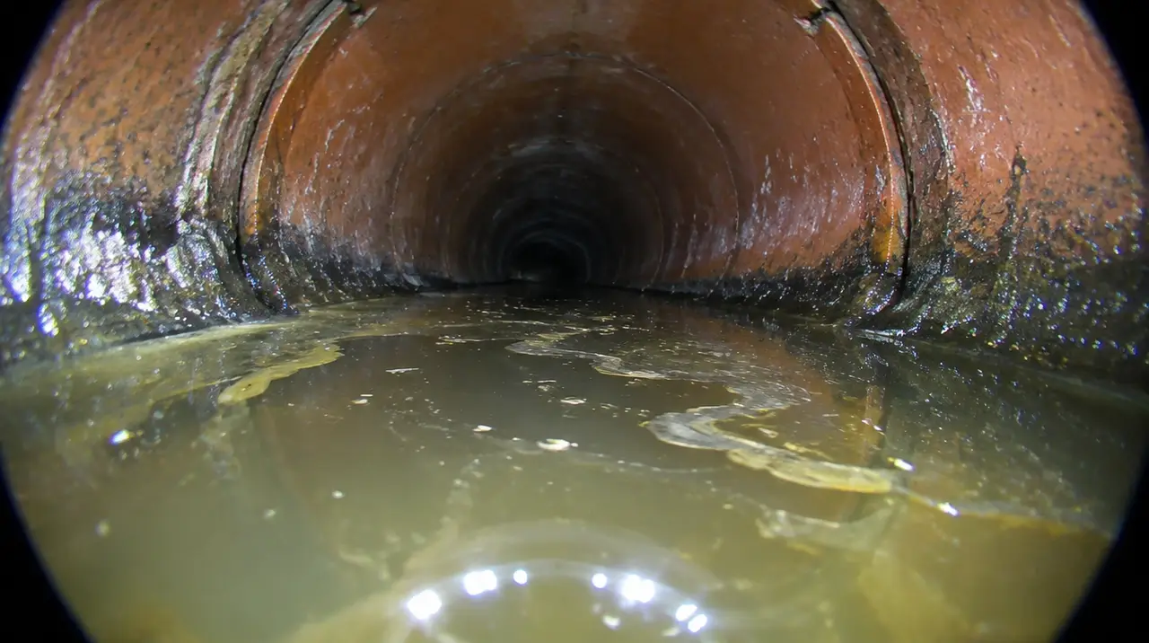 Camera view of standing water in a sagging section of sewer pipe