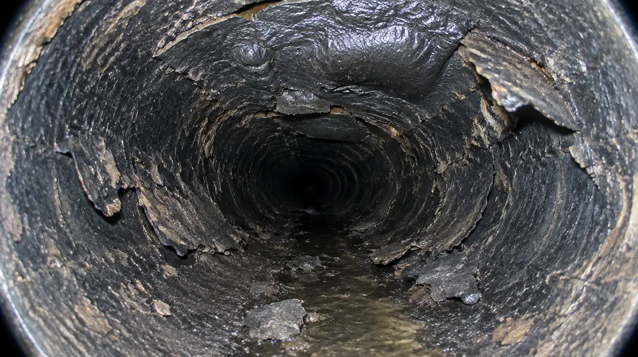 Camera view of a deformed, blistered bituminous fibre sewer pipe
