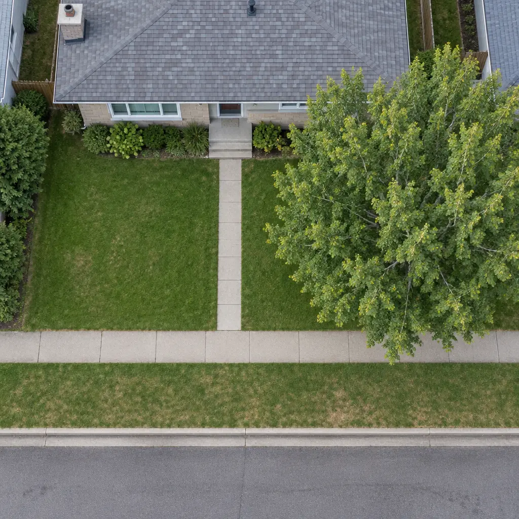 Aerial view of a Calgary bungalow front yard, sidewalk, boulevard and street